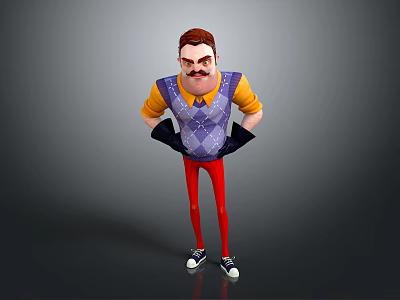 Man With Red Hair Mustache Wearing Yellow Shirt Purple Argyle Vest Black Gloves Red Pants 3d model
