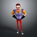 Man With Red Hair Mustache Wearing Yellow Shirt Purple Argyle Vest Black Gloves Red Pants