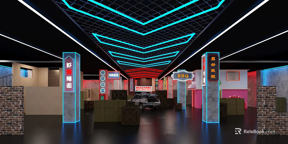 Vibrant Interior Venue With Neon Lit Ceiling Red Blue Lights Chinese Signs And Car 3d model 