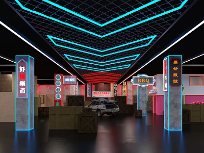Vibrant Interior Venue With Neon Lit Ceiling Red Blue Lights Chinese Signs And Car 3d model