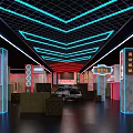 Vibrant Interior Venue With Neon Lit Ceiling Red Blue Lights Chinese Signs And Car