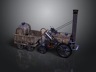 Vintage Steam Train With Wooden Cart Barrel Metal Engine Wheels And Chimney 3d model