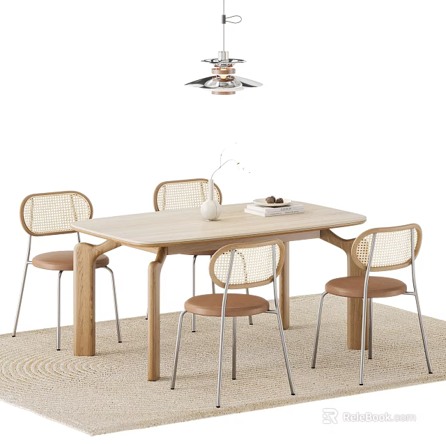 Wooden Dining Table Set With Rattan Back Chairs Brown Cushions Vase And Pendant Light 3d model 