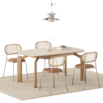 Wooden Dining Table Set With Rattan Back Chairs Brown Cushions Vase And Pendant Light 3d model