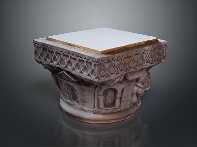 Decorative Carved Stone Pedestal With Intricate Patterns And White Top Surface 3d model