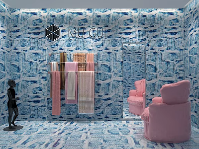 MU CUI Specialty Store With Blue And White Patterned Walls Pink Armchair And Towels 3d model
