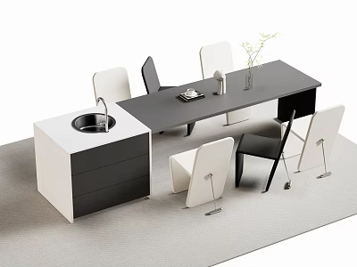 Modern Bar Counter Design With Sink Table Chairs Vase Plant And Black White Cabinet 3d model