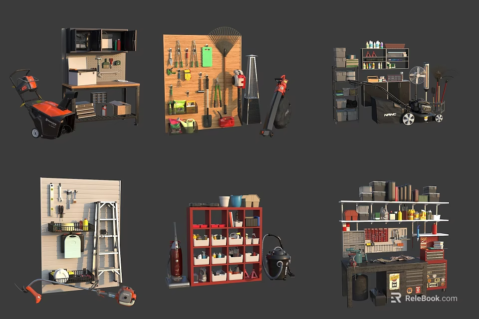 Various Hardware Tools Display Featuring Storage Shelves Toolboxes Ladders And Cleaning Equipment 3d model