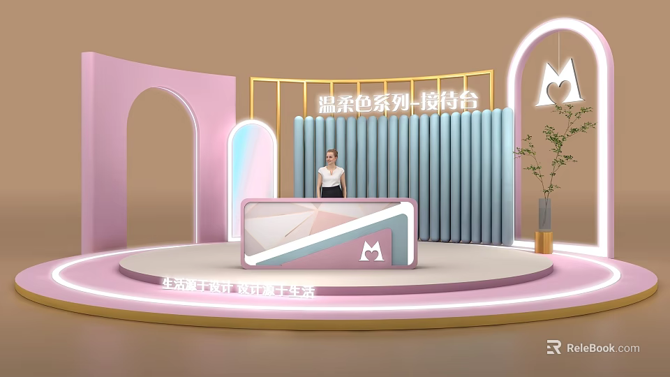 Soft Color Series Reception Desk With Pink Blue Design And Modern Display Setting 3d model 