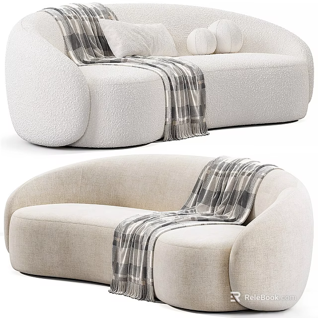 Light Colored Upholstered Two Seater Sofa With Rounded Design And Plaid Blanket 3d model 
