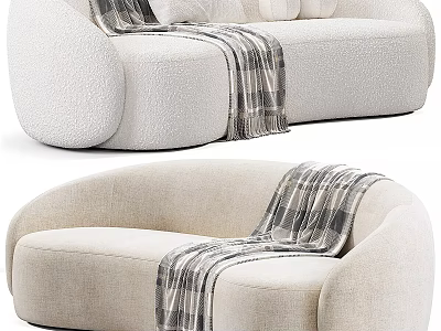 Light Colored Upholstered Two Seater Sofa With Rounded Design And Plaid Blanket 3d model