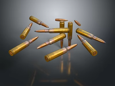 Golden Metallic Bullets Scattered On Dark Background With Multiple Shapes And Angles 3d model