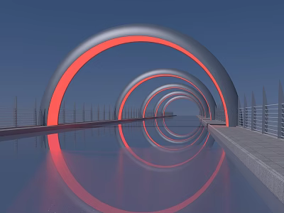 Modern Arched Bridge with Red Glowing Edges Reflective Water Surface Blue Sky and Railings 3d model