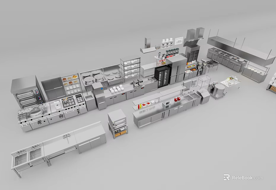 Stainless Steel Commercial Kitchen Appliances With Integrated Layout And Multiple Devices 3d model 
