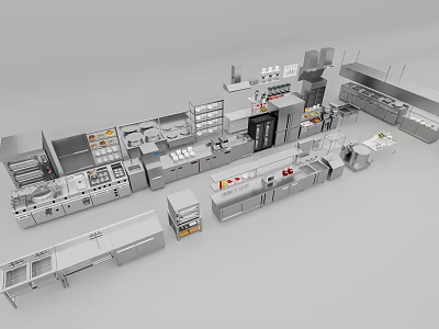 Stainless Steel Commercial Kitchen Appliances With Integrated Layout And Multiple Devices 3d model