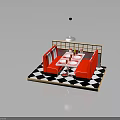 Red Booth Sofas Square Dining Table Black White Checkered Floor Wooden Screen Pendant Light Furniture