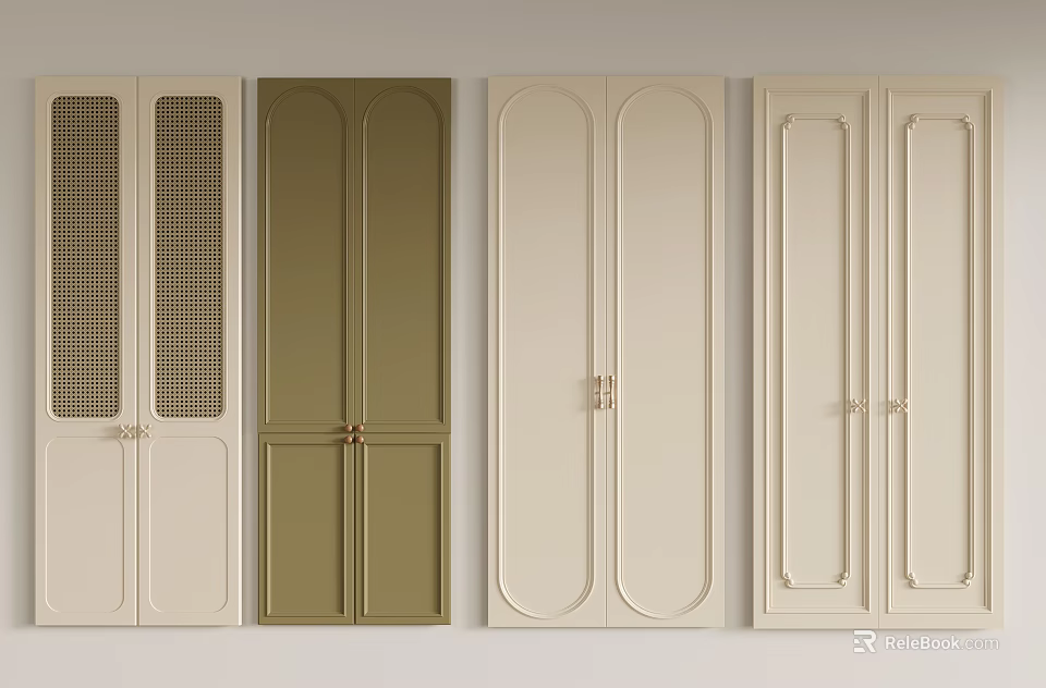 Different Style Kitchen Cabinet Doors With Green Beige Colors And Metal Handles 3d model 