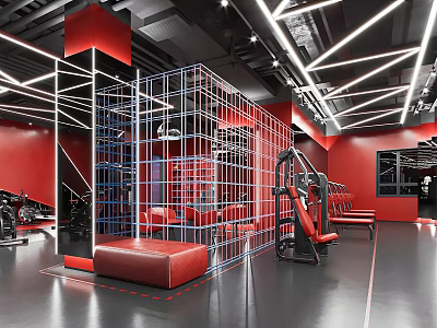 Modern Fitness Gym Workout Space With Red Black Interior Design And Training Equipment 3d model
