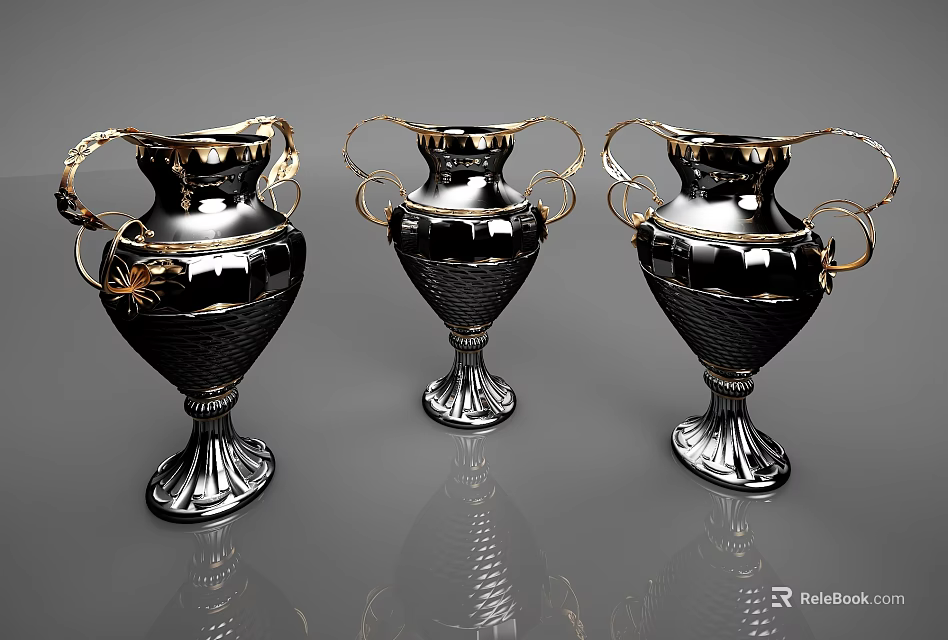 Decorative Ornament Set Three Black And Gold Vases With Intricate Handles And Base 3d model 
