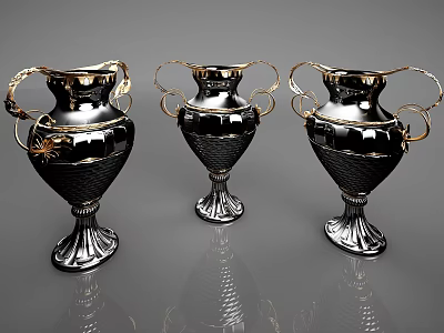 Decorative Ornament Set Three Black And Gold Vases With Intricate Handles And Base 3d model
