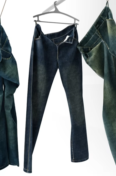 Stylish Dark Blue and Green Straight Leg Jeans Hanging on Hangers 3d model