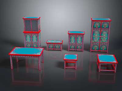 Traditional Furniture Set with Red Frames Blue Surfaces and Decorative Patterns Including Cabinets Tables Stools 3d model