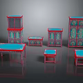 Traditional Furniture Set with Red Frames Blue Surfaces and Decorative Patterns Including Cabinets Tables Stools