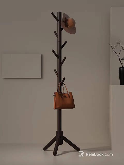 Wooden Coat Rack Hanging Brown Handbag On Beige Wall With Black Vase And White Decor 3d model 