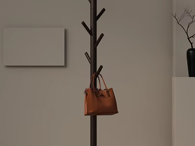 Wooden Coat Rack Hanging Brown Handbag On Beige Wall With Black Vase And White Decor 3d model