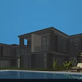 Modern Single Family Villa With Large Windows Swimming Pool Balcony Greenery And Loungers