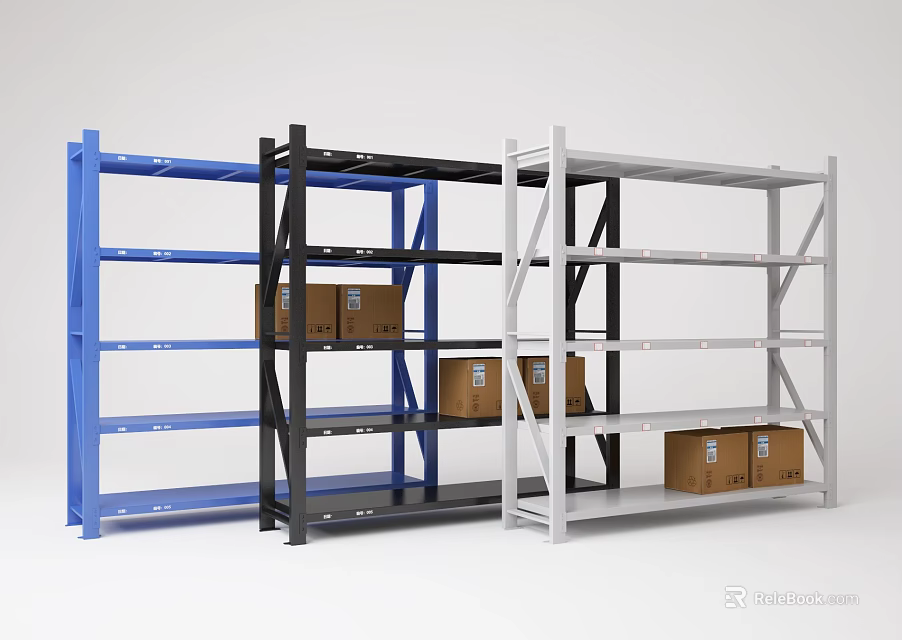 Multi Tier Storage Display Shelves In Blue Black And Grey With Cardboard Boxes 3d model 