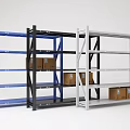 Multi Tier Storage Display Shelves In Blue Black And Grey With Cardboard Boxes