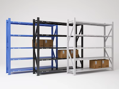Multi Tier Storage Display Shelves In Blue Black And Grey With Cardboard Boxes 3d model