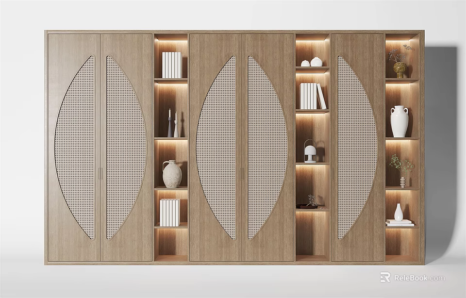 Wooden Decorative Cabinet Interior Design With Shelves Decorations Books Vases And Lighting 3d model 