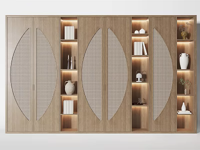 Wooden Decorative Cabinet Interior Design With Shelves Decorations Books Vases And Lighting 3d model