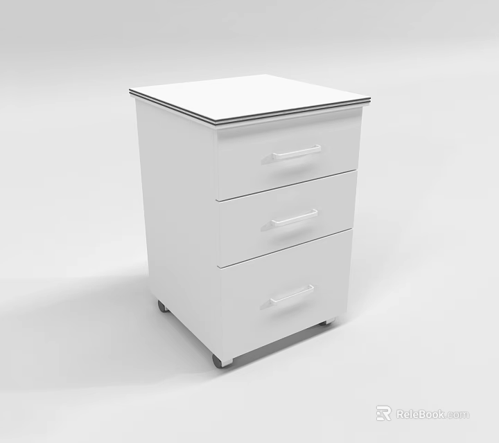 White Bookcase Design with Three Drawers Silver Handles Black Trim and Rolling Wheels 3d model