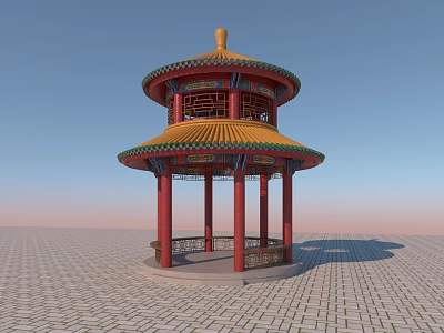 Traditional Chinese Ornate Two Tiered Pavilion With Yellow Roof Red Pillars 3d model