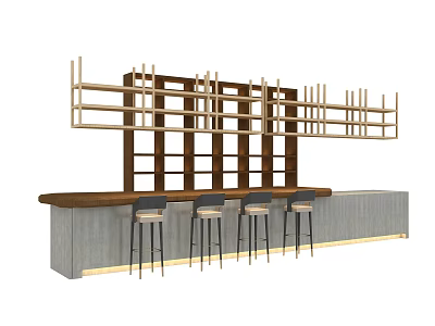 Modern Bar Counter With Wooden Shelves And Black Metal Stools 3d model