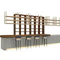 Modern Bar Counter With Wooden Shelves And Black Metal Stools