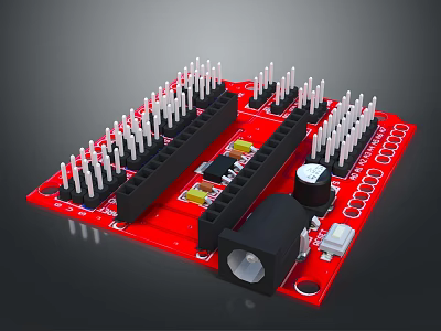 Red Computer Interface Circuit Board With Multiple Pins And Electronic Connector Components 3d model