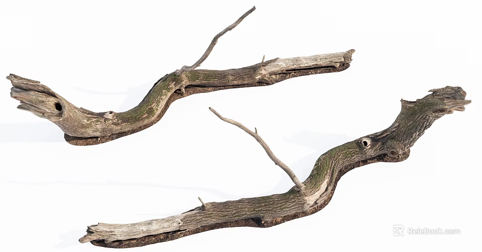 Natural Stone And Wooden Curved Branches With Mossy Texture For Decor 3d model 
