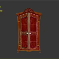 Red Double Door Cabinet With Ornate Carved Top And Decorative Details On Wheels