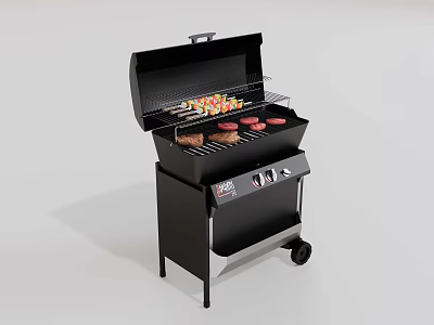 Portable Black Outdoor Grill With Wheels Grilling Burgers And Skewers 3d model