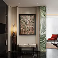 Entryway Interior Design With Colorful Painting Zebra Print Bench And Marble Wall