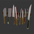 Various Sharp Weapons Knives With Different Handle Materials On Display Rack