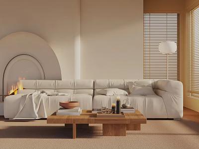 Modern Three Seater Sofa In Cozy Living Room With Fireplace And Wooden Coffee Table 3d model