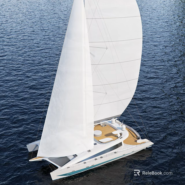 Stunning White Sailboat Sailing On Calm Blue Sea With Large Sails And Wooden Deck 3d model 