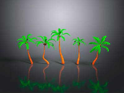 Five Palm Trees With Green Leaves And Orange Trunks On Gray Background 3d model