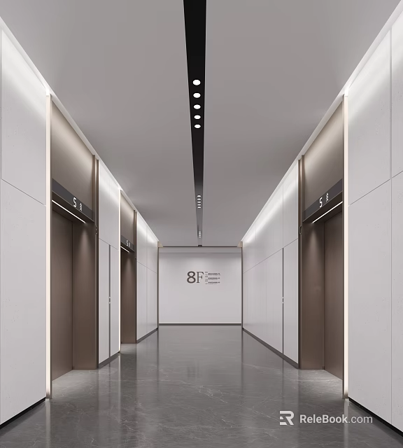 Modern Public Office Elevator Lobby Design With Bright Lighting And Spacious Corridor 3d model 