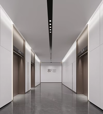 Modern Public Office Elevator Lobby Design With Bright Lighting And Spacious Corridor 3d model